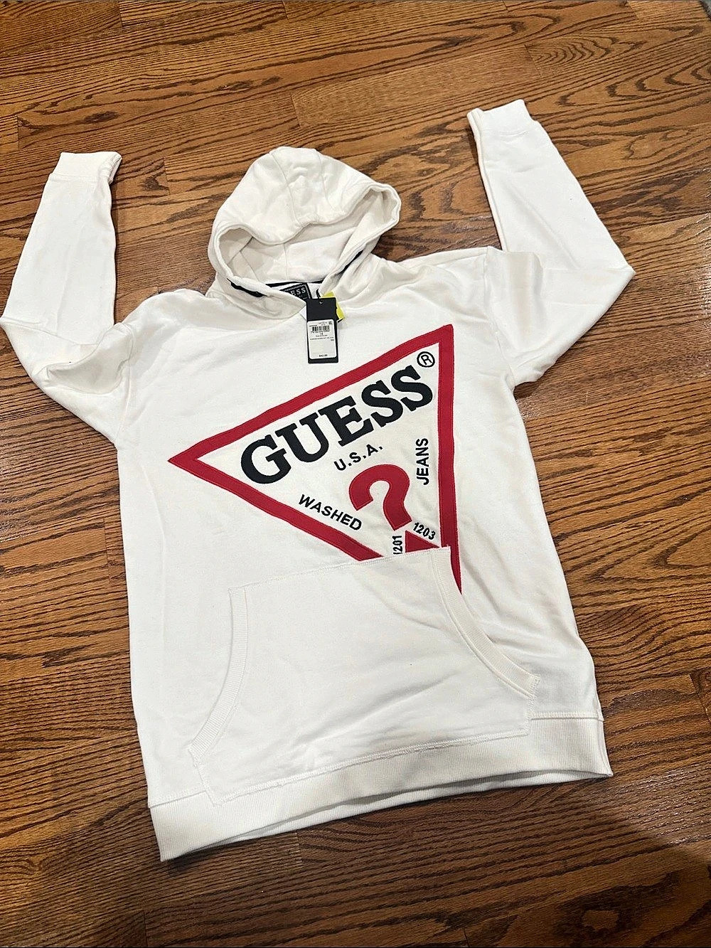 GUESS Washed Logo Hoodie Logo Hoodie in White & Red Size Small NWT